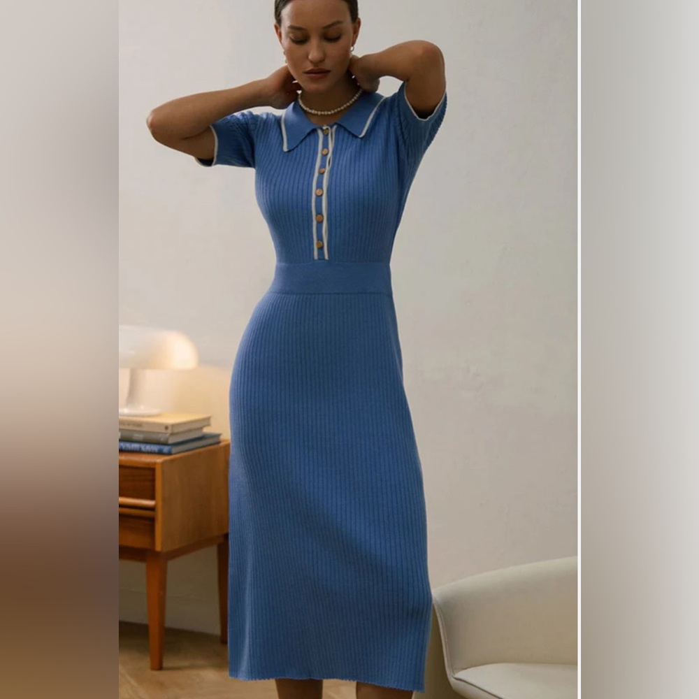 CHIC CONTRAST COLLARED SHORT SLEEVE HALF BUTTON RIB KNIT SWEATER MIDI DRESS